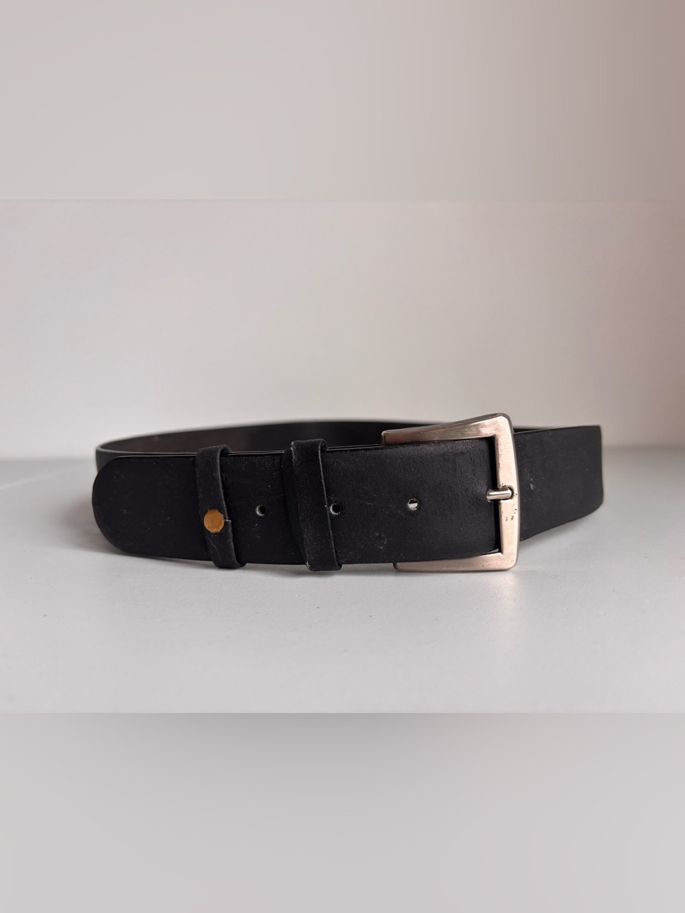 Vintage Black Casual Genuine Leather of Italy Belt with Silver-Tone Buckle